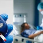 Immagine concettuale divisa verticalmente: a sinistra, primo piano di un glucometro portatile che mostra una lettura alta (es. 185 mg/dl) con una goccia di sangue sulla striscia; a destra, sfondo leggermente sfocato di un medico o infermiere in DPI (Dispositivi di Protezione Individuale) che assiste un paziente in un letto d'ospedale durante l'era COVID-19. Illuminazione drammatica che evidenzia il glucometro, obiettivo 50mm, profondità di campo ridotta.