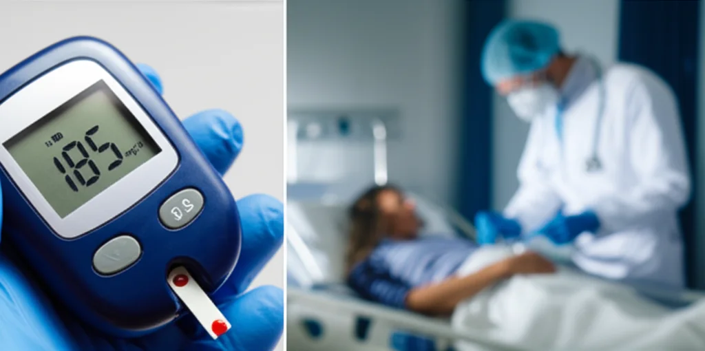 Immagine concettuale divisa verticalmente: a sinistra, primo piano di un glucometro portatile che mostra una lettura alta (es. 185 mg/dl) con una goccia di sangue sulla striscia; a destra, sfondo leggermente sfocato di un medico o infermiere in DPI (Dispositivi di Protezione Individuale) che assiste un paziente in un letto d'ospedale durante l'era COVID-19. Illuminazione drammatica che evidenzia il glucometro, obiettivo 50mm, profondità di campo ridotta.