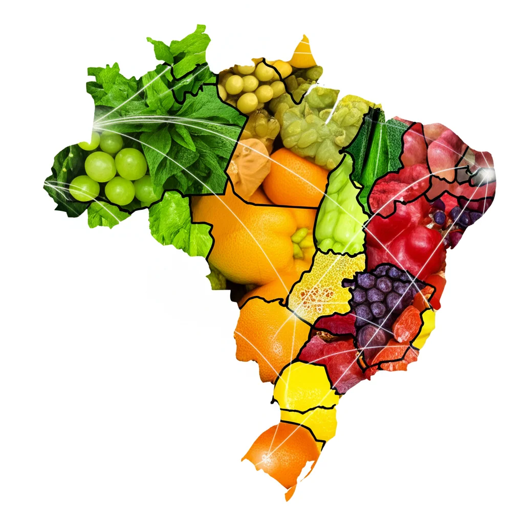 Immagine fotorealistica che simboleggia l'educazione sanitaria e nutrizionale brasiliana: una mappa stilizzata del Brasile formata da frutta e verdura fresca e colorata, con linee di rete digitali luminose che collegano diverse regioni, rappresentando la portata del corso online, obiettivo macro, 70mm, alta definizione, colori vivaci, illuminazione controllata.