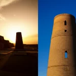 Immagine fotorealistica di Chogha Zanbil e della Torre di Radkan affiancate in un montaggio artistico, che ne evidenzia il contrasto e la continuità storica. Chogha Zanbil al crepuscolo con ombre lunghe (grandangolo 15mm, lunga esposizione), Radkan Tower con un raggio di sole che ne colpisce un'apertura (teleobiettivo 100mm, dettaglio architettonico). Illuminazione drammatica.