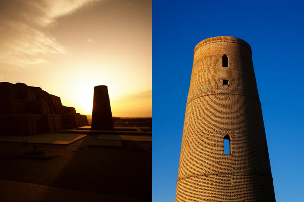 Immagine fotorealistica di Chogha Zanbil e della Torre di Radkan affiancate in un montaggio artistico, che ne evidenzia il contrasto e la continuità storica. Chogha Zanbil al crepuscolo con ombre lunghe (grandangolo 15mm, lunga esposizione), Radkan Tower con un raggio di sole che ne colpisce un'apertura (teleobiettivo 100mm, dettaglio architettonico). Illuminazione drammatica.