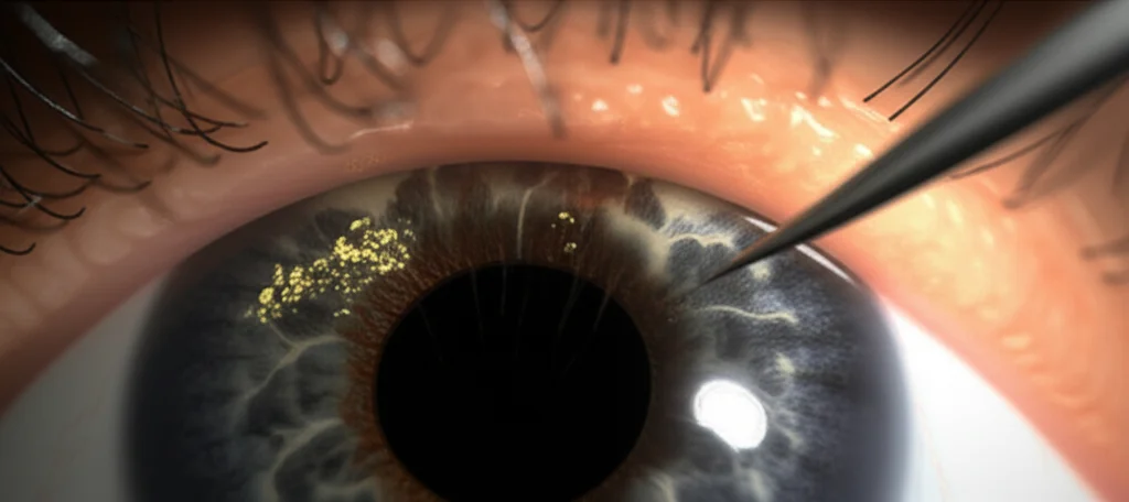 Immagine fotorealistica, obiettivo macro 85mm, che mostra una sezione trasversale dettagliata di un occhio umano. Sono visibili sia le drusen tipiche dell'AMD non essudativa precoce sulla macula, sia una trazione vitreomaculare che viene delicatamente risolta da strumenti microchirurgici. Alta definizione, illuminazione controllata, simboleggia speranza e trattamento efficace per condizioni oculari complesse.