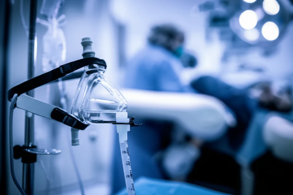 Immagine simbolica: una maschera nasale anestetica in primo piano, sfocato sullo sfondo un paziente obeso confortevolmente sedato durante una gastroscopia in una sala endoscopica moderna e luminosa. Obiettivo prime 35mm, profondità di campo ridotta per focalizzare sulla maschera, tonalità blu e grigio duotone per un'atmosfera clinica ma rassicurante e tecnologica.