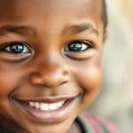 Primo piano di un bambino etiope sorridente e dall'aspetto sano, guardando direttamente la camera. Luce naturale calda, obiettivo prime 50mm, profondità di campo ridotta per isolare il soggetto. High detail, focus sugli occhi.