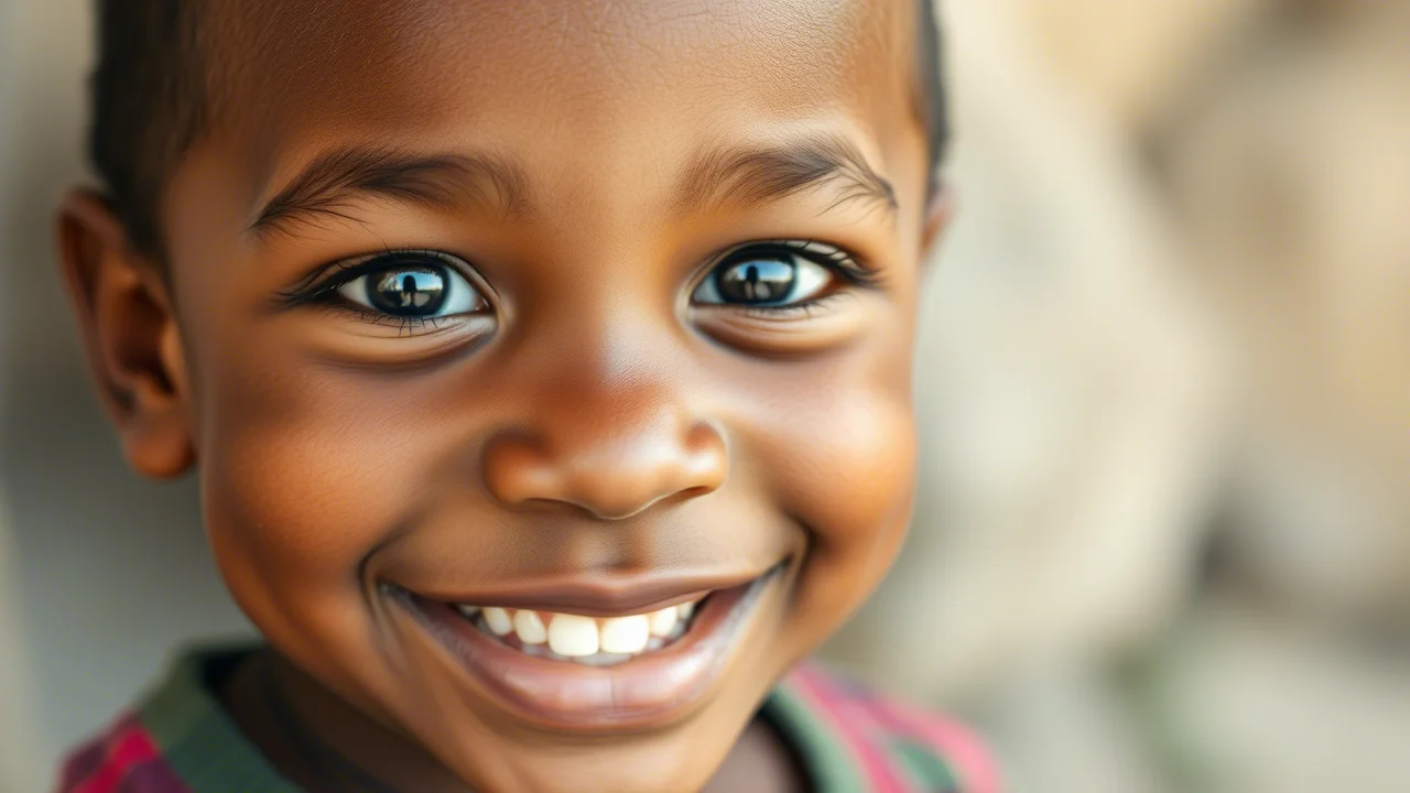 Primo piano di un bambino etiope sorridente e dall'aspetto sano, guardando direttamente la camera. Luce naturale calda, obiettivo prime 50mm, profondità di campo ridotta per isolare il soggetto. High detail, focus sugli occhi.