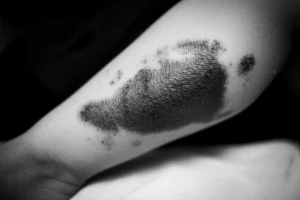 Primo piano drammatico di lesioni cutanee indicative di porpora fulminante su un arto, con aree di necrosi scura e lividi violacei estesi. Illuminazione laterale per enfatizzare la texture della pelle danneggiata, obiettivo macro 70mm, alta definizione, con un leggero effetto 'film noir' per accentuare la gravità della condizione.
