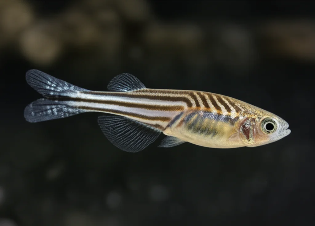 Primo piano fotorealistico di un uovo di pesce zebra fecondato esternamente, sospeso in acqua limpida, con sottili venature visibili all'interno della membrana trasparente, luce laterale morbida che evidenzia la traslucenza e i dettagli interni, lente macro 90mm, alta definizione, sfondo scuro sfocato, a simboleggiare la trasmissione di tratti metabolici dalla madre all'ovocita prima della fecondazione.