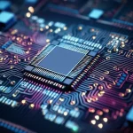 Scatto ad angolo largo e drammatico di un core di computer quantico concettuale che brilla con intricati motivi di luce, che rappresentano l'elaborazione dei dati della struttura elettronica dell'arsenuro di gallio, lenti ad angolo largo 10 mm, una lunga esposizione per creare percorsi di luce, focalizzarsi in modo forte sul nucleo centrale, tonalità blu fresche e viola.
