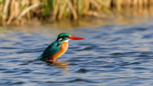 Teleto zoom, 300 mm, velocità dell'otturatore rapido, tracciamento d'azione, barbiglio europeo e un oratore comune che nuota vicino alle acque fredde e leggermente torbide del fiume Severn durante l'inverno. La riva del fiume sullo sfondo sfocato mostra la vegetazione dormiente. L'immagine trasmette un senso di resilienza e attività nonostante il freddo.