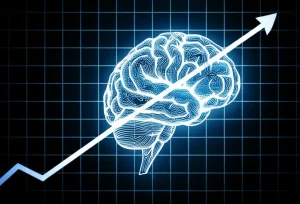 Un grafico finanziario astratto ma elegante che mostra una linea di trend in forte crescita, sovrapposta a un'immagine stilizzata di un cervello illuminato, a simboleggiare l'acume e l'abilità. Illuminazione da studio controllata, dettagli nitidi, obiettivo da 50mm.