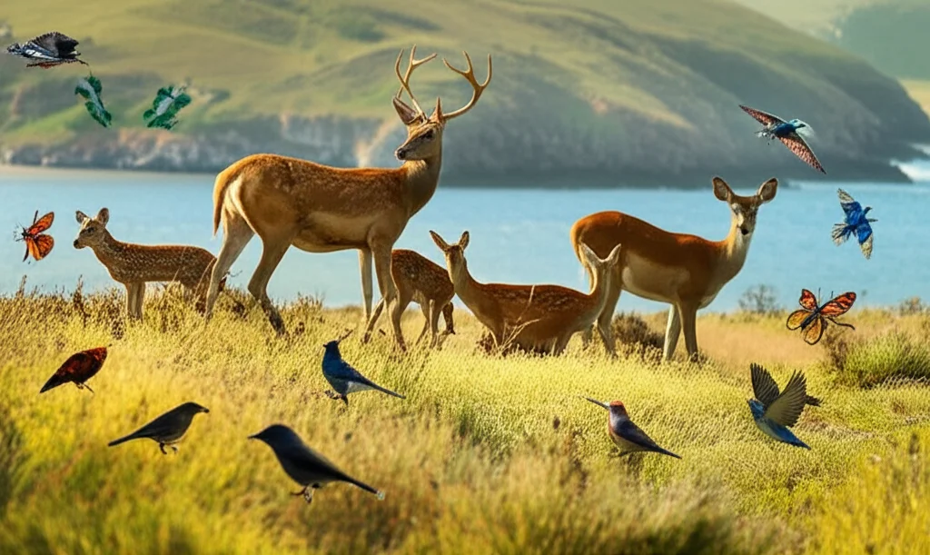 Un'illustrazione concettuale di diverse specie animali, come uccelli, insetti e mammiferi, che scelgono attivamente i loro habitat ideali all'interno di un paesaggio variegato con gradienti ambientali visibili, come montagne che sfumano in pianure e coste. Prime lens, 35mm, depth of field, colori naturali vividi e luce solare diffusa.