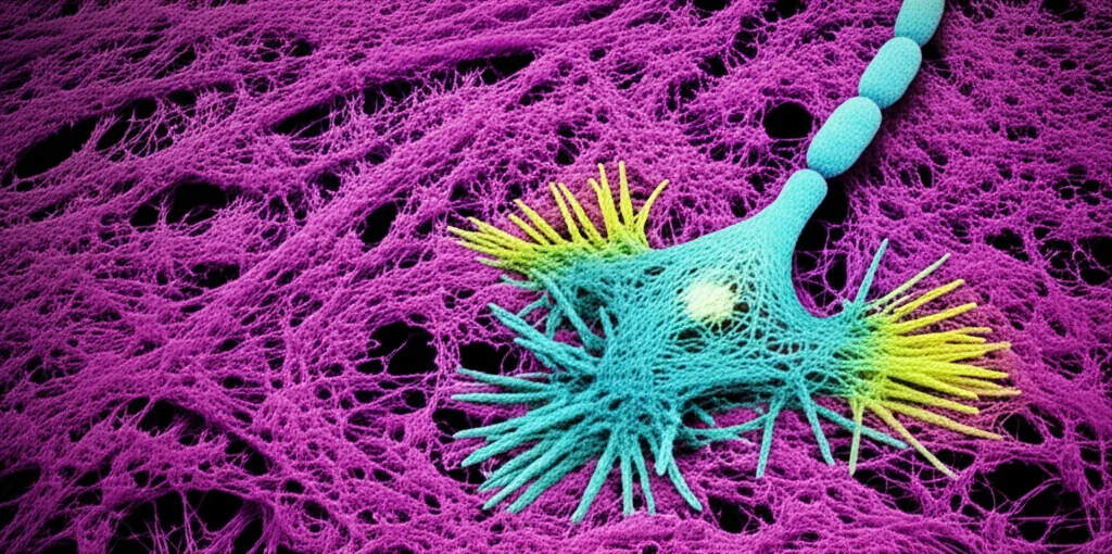 Visualizzazione 3D ad alta risoluzione di sinapsi neuronali umane, con placche di amiloide-beta patologica (magenta) che interagiscono con strutture pre-sinaptiche (ciano) e post-sinaptiche (giallo), illuminazione drammatica, stile scientifico fotorealistico, obiettivo 63x olio.