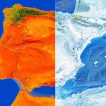 Visualizzazione artistica della Penisola Iberica divisa a metà: una parte infuocata simboleggia le ondate di calore estreme, l'altra parte più fredda con qualche fiocco di neve a simboleggiare la persistenza delle ondate di freddo. Stile fotorealistico, con dettagli geografici riconoscibili, illuminazione drammatica per enfatizzare il contrasto climatico futuro, obiettivo 24mm per una visione d'insieme.