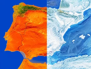 Visualizzazione artistica della Penisola Iberica divisa a metà: una parte infuocata simboleggia le ondate di calore estreme, l'altra parte più fredda con qualche fiocco di neve a simboleggiare la persistenza delle ondate di freddo. Stile fotorealistico, con dettagli geografici riconoscibili, illuminazione drammatica per enfatizzare il contrasto climatico futuro, obiettivo 24mm per una visione d'insieme.