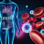 Visualizzazione concettuale astratta che collega l'analisi della composizione corporea (BIA) con i marcatori ematologici dell'infiammazione. Silhouette umane stilizzate con grafici BIA sovrapposti e globuli rossi e bianchi ingranditi. Utilizzare un obiettivo macro da 60mm per i dettagli delle cellule, con illuminazione controllata per un effetto drammatico e high-detail, colori duotone blu e rosso per simboleggiare acqua e sangue.