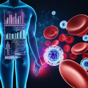 Visualizzazione concettuale astratta che collega l'analisi della composizione corporea (BIA) con i marcatori ematologici dell'infiammazione. Silhouette umane stilizzate con grafici BIA sovrapposti e globuli rossi e bianchi ingranditi. Utilizzare un obiettivo macro da 60mm per i dettagli delle cellule, con illuminazione controllata per un effetto drammatico e high-detail, colori duotone blu e rosso per simboleggiare acqua e sangue.