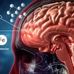 Visualizzazione medica del cervello umano con enfasi sull'area subaracnoidea e un vaso sanguigno rotto (aneurisma) che causa un'emorragia. Accanto, icone stilizzate rappresentanti atomi di ferro (Fe) e molecole di transferrina. Illuminazione drammatica, focus nitido sull'aneurisma e sul sangue nello spazio subaracnoideo. Obiettivo prime 35mm, profondità di campo per mantenere a fuoco sia il cervello che le icone.