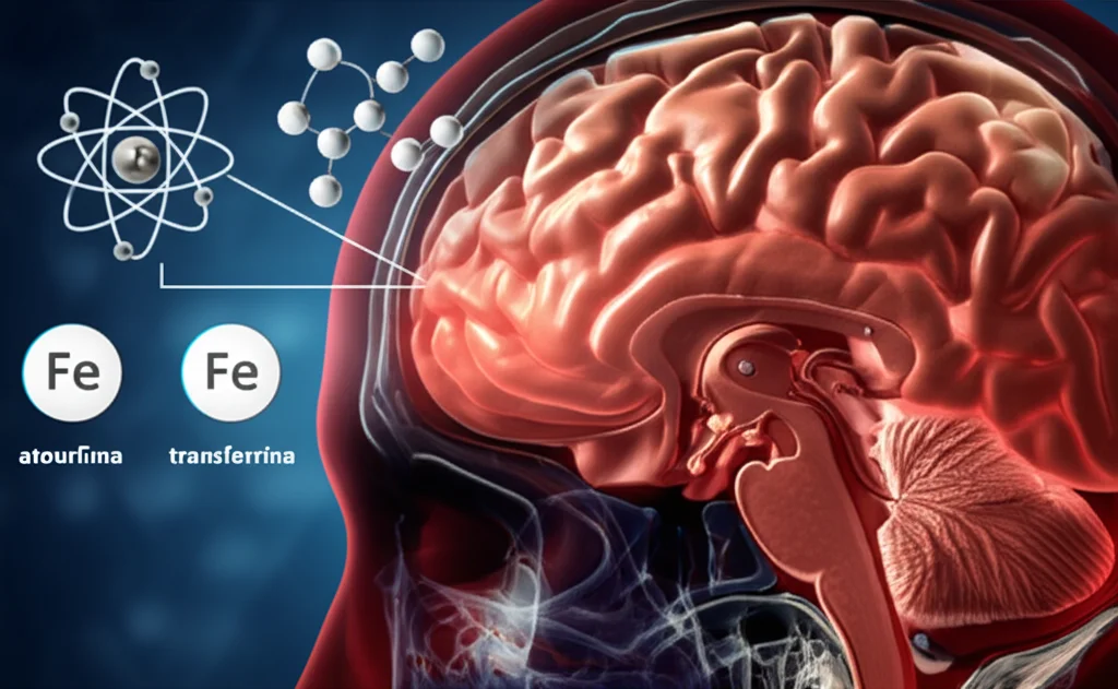 Visualizzazione medica del cervello umano con enfasi sull'area subaracnoidea e un vaso sanguigno rotto (aneurisma) che causa un'emorragia. Accanto, icone stilizzate rappresentanti atomi di ferro (Fe) e molecole di transferrina. Illuminazione drammatica, focus nitido sull'aneurisma e sul sangue nello spazio subaracnoideo. Obiettivo prime 35mm, profondità di campo per mantenere a fuoco sia il cervello che le icone.