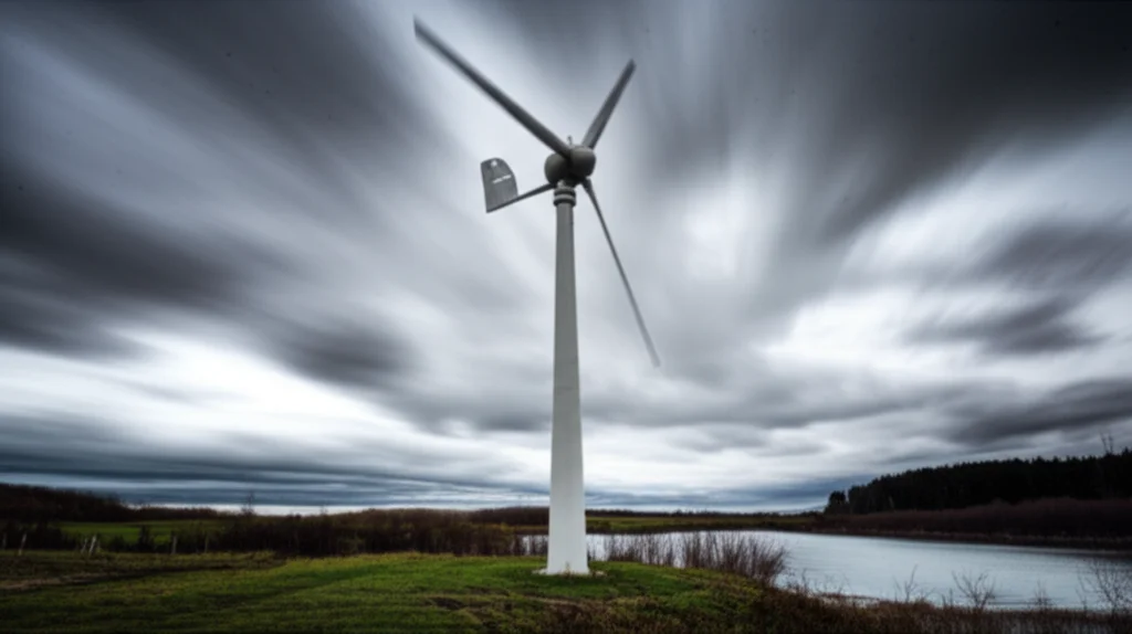 A photorealistic wide-angle landscape photo (10mm focal length) showing a small micro wind turbine standing tall against a dramatic sky. Use long exposure to slightly blur clouds or create smooth water if near a lake, emphasizing the turbine's presence in the environment.