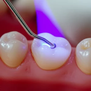 Close-up of a dental composite filling being cured with a light, macro lens, 100mm, high detail, controlled lighting.