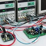Detailed view of a lab setup with power electronics converters and control boards, representing the experimental validation of the passivity-based controller for hybrid DC microgrids.