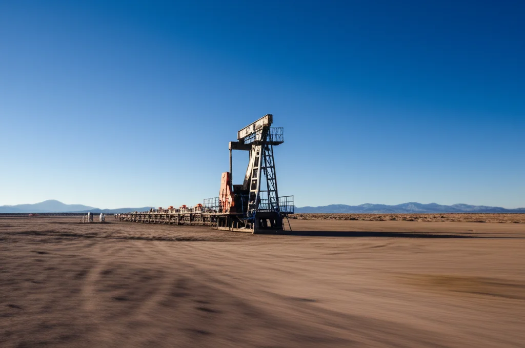 Foto grandangolare, 24mm, di un impianto di perforazione in un vasto paesaggio arido di bacino (simile al Bacino di Tarim) sotto un cielo limpido, con montagne distanti. Messa a fuoco nitida, lunga esposizione per un leggero motion blur dell'impianto, enfatizzando la scala e l'ambiente operativo.