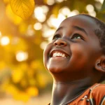 Fotografia realistica di un bambino africano che sorride guardando verso l'alto, con il sole che filtra attraverso le foglie di un albero, simboleggiando speranza e resilienza di fronte al cambiamento climatico. Obiettivo da 35mm, profondità di campo media, luce calda del tardo pomeriggio. Colori vibranti.