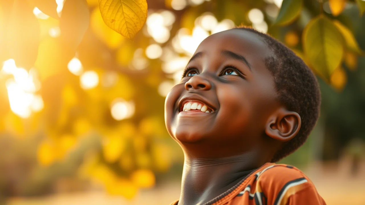 Fotografia realistica di un bambino africano che sorride guardando verso l'alto, con il sole che filtra attraverso le foglie di un albero, simboleggiando speranza e resilienza di fronte al cambiamento climatico. Obiettivo da 35mm, profondità di campo media, luce calda del tardo pomeriggio. Colori vibranti.