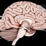 Immagine concettuale di un cervello umano con un aneurisma cerebrale dell'arteria cerebrale media evidenziato, e le due opzioni di trattamento, WEB e clipping, illustrate schematicamente. Fotografia macro, 100mm, illuminazione da studio, alta definizione dei dettagli anatomici.