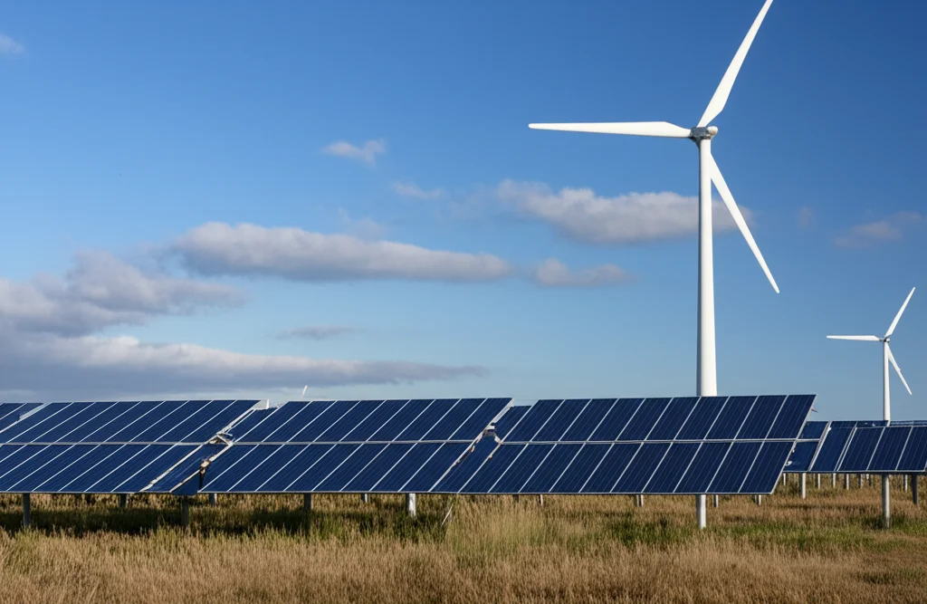 Pannelli solari scintillanti sotto un cielo parzialmente nuvoloso, con una turbina eolica in lontananza, che simboleggiano la previsione dell'energia rinnovabile per microgrid tramite machine learning. Obiettivo grandangolare 20mm, luce del tardo pomeriggio, messa a fuoco nitida sul paesaggio energetico.