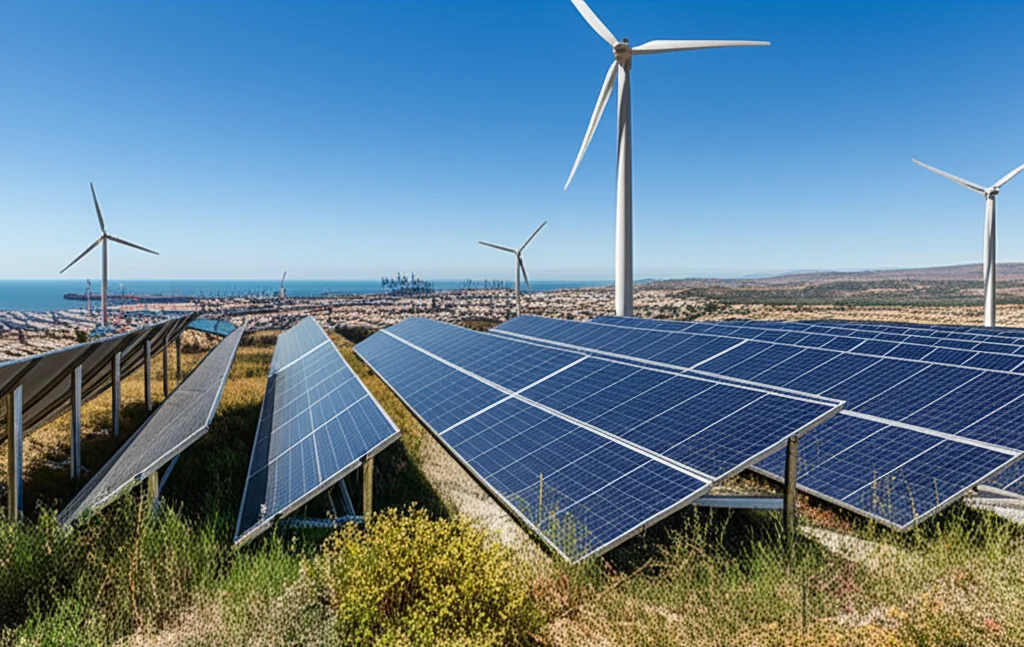 Photorealistic wide-angle landscape of Spain showing both industrial activity (maybe a distant factory or port) and prominent renewable energy infrastructure (wind turbines, solar farm), capturing the complex interplay of economic drivers and environmental efforts, with a clear sky and sharp focus.