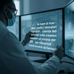 Un team di ricercatori medici in un laboratorio high-tech olandese analizza dati su schermi, focalizzati sulla creazione di un corpus per l'IA per rilevare eventi avversi da farmaci. Prime lens, 35mm, duotone blu e grigio, profondità di campo.