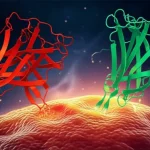 Un'immagine concettuale che mostra due molecole naturali (stilizzate, una che ricorda una proteina lectina e l'altra un flavonoide) che interagiscono sinergicamente per attaccare una cellula cancerosa gastrica (stilizzata, con nucleo visibile). Sfondo scuro con accenti luminosi che suggeriscono attività biologica. Illuminazione drammatica, Macro lens, 100mm, high detail, precise focusing.
