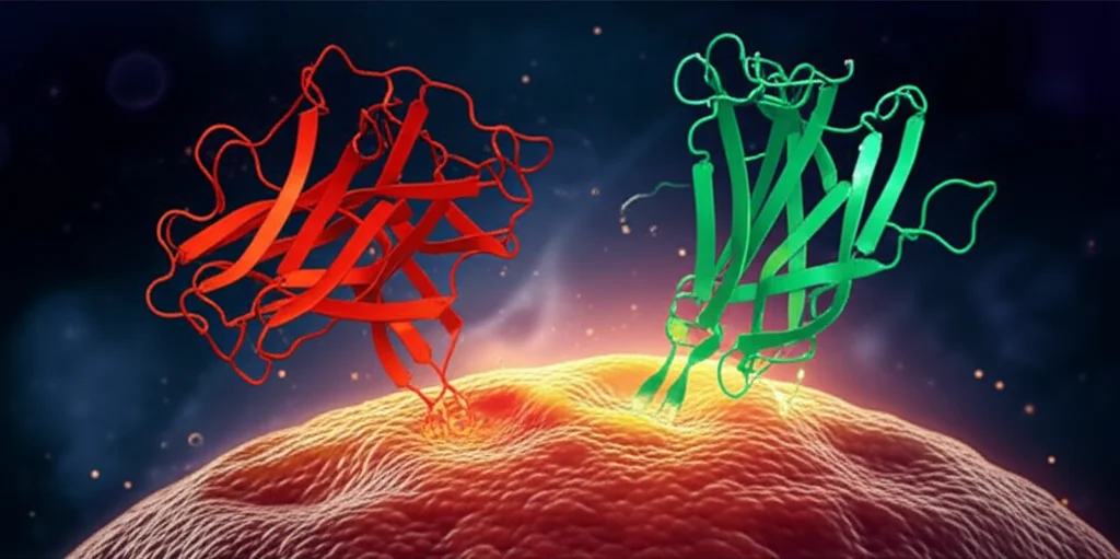 Un'immagine concettuale che mostra due molecole naturali (stilizzate, una che ricorda una proteina lectina e l'altra un flavonoide) che interagiscono sinergicamente per attaccare una cellula cancerosa gastrica (stilizzata, con nucleo visibile). Sfondo scuro con accenti luminosi che suggeriscono attività biologica. Illuminazione drammatica, Macro lens, 100mm, high detail, precise focusing.