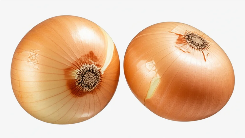 Un'immagine macro ad altissimo dettaglio di una cipolla sana e una affetta da una malattia fungina, fianco a fianco su uno sfondo neutro, con illuminazione da studio controllata, obiettivo macro da 100mm per enfatizzare le texture e le differenze cromatiche tra il bulbo sano e quello malato.