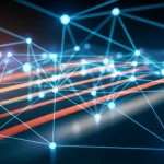 Visualizzazione astratta di flussi di dati digitali che si muovono attraverso una rete complessa e interconnessa, con luci brillanti che rappresentano pacchetti di informazioni, evocando la velocità e la complessità del traffico internet. Obiettivo grandangolare 10mm, lunga esposizione per scie luminose, messa a fuoco nitida sui nodi centrali della rete.
