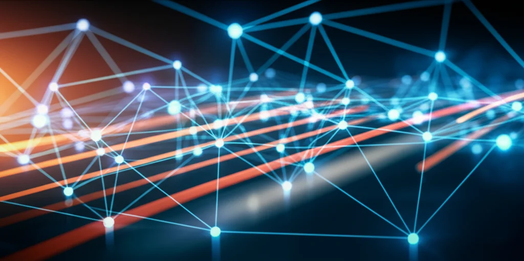 Visualizzazione astratta di flussi di dati digitali che si muovono attraverso una rete complessa e interconnessa, con luci brillanti che rappresentano pacchetti di informazioni, evocando la velocità e la complessità del traffico internet. Obiettivo grandangolare 10mm, lunga esposizione per scie luminose, messa a fuoco nitida sui nodi centrali della rete.