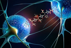 Visualizzazione fotorealistica di due molecole stilizzate, una rappresentante il corticosterone e l'altra il BDNF, che interagiscono all'interno di una rete neurale dell'ippocampo illuminata. Le sinapsi brillano intensamente nel punto di interazione. Obiettivo macro 100mm, alta definizione, illuminazione drammatica con sfondo scuro per far risaltare i dettagli luminosi.