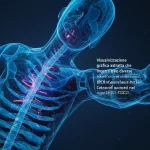 Visualizzazione grafica astratta che mostra tre diverse traiettorie di biomarcatori (PCR e Calprotectina Fecale) nel tempo per pazienti con MICI, su sfondo blu scientifico, alta definizione.