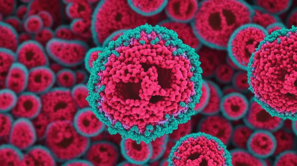 Visualizzazione scientifica dell'Alantolactone, un composto naturale, che mostra la sua interazione a livello cellulare con il virus Varicella-Zoster. Obiettivo 35mm, profondità di campo, illuminazione che evidenzia le strutture molecolari e virali, con colori vibranti su sfondo scuro per un effetto drammatico.