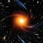 A detailed, photorealistic depiction of a charged compact star warping spacetime in a higher-dimensional universe, astronomical wide angle 10mm, long exposure.