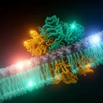Artistic, photorealistic rendering of an ECF transporter complex with its S-component dynamically interacting with the ECF module within a lipid bilayer, highlighted by glowing FRET signals. Macro lens, 85mm, precise focusing on the protein interaction site, with controlled, slightly dramatic lighting to emphasize the molecular dynamics.
