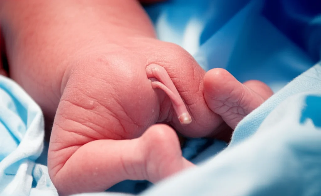 Illustrazione medica altamente realistica di un arto accessorio funzionale che origina dal gluteo di un neonato, prima dell'intervento chirurgico. L'immagine dovrebbe essere in stile macro, 80mm, con alta definizione per mostrare la tessitura della pelle e le piccole articolazioni dell'arto, illuminazione da studio controllata.