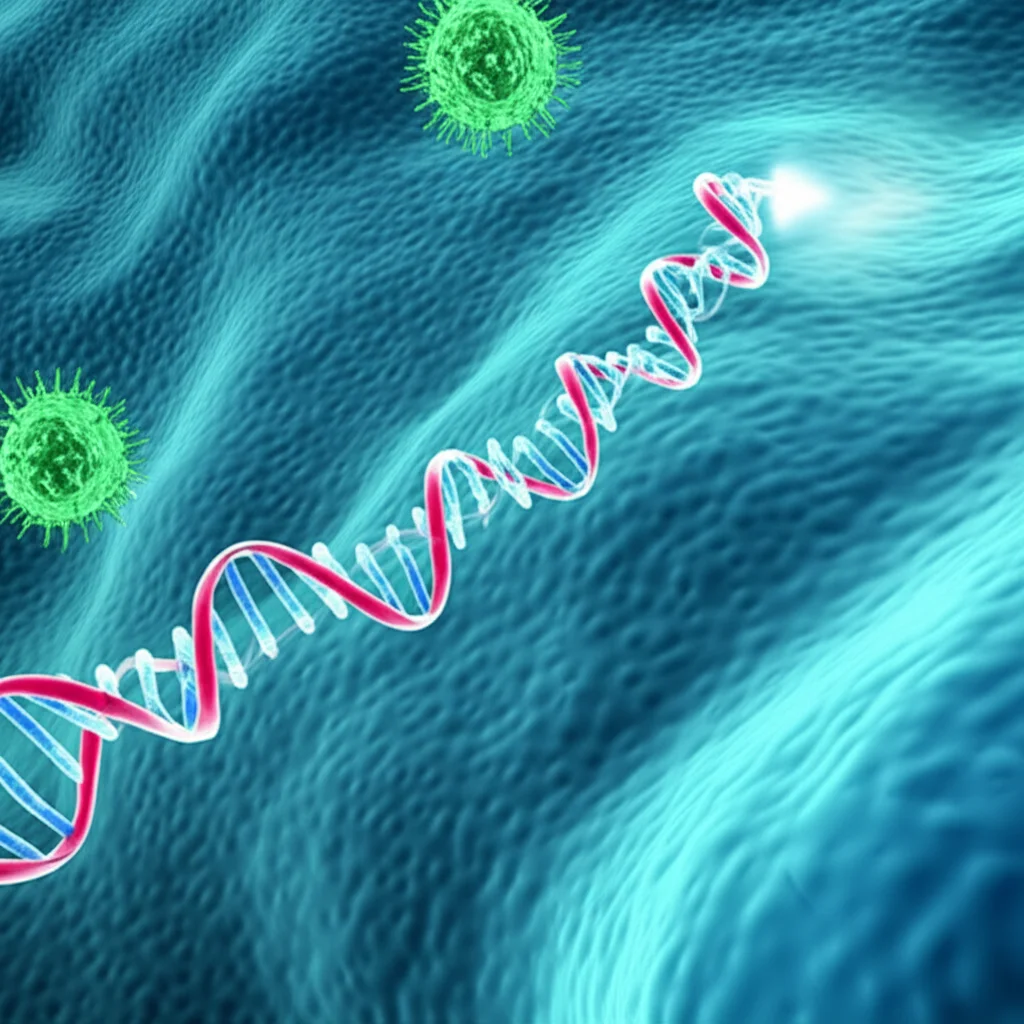Immagine concettuale astratta che rappresenta il silenziamento del gene NEK7 (simboleggiato da un interruttore spento o un filamento di DNA che si oscura) all'interno di una cellula tumorale dell'esofago, con sullo sfondo cellule immunitarie attivate. Prime lens, 35mm, depth of field, duotone blu e verde speranza, per simboleggiare la nuova speranza terapeutica.
