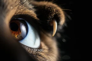 Immagine concettuale di un occhio umano con un artiglio di gatto che si avvicina minacciosamente, a simboleggiare il pericolo di lesioni oculari. Prime lens, 35mm, depth of field, luce drammatica per enfatizzare il rischio.