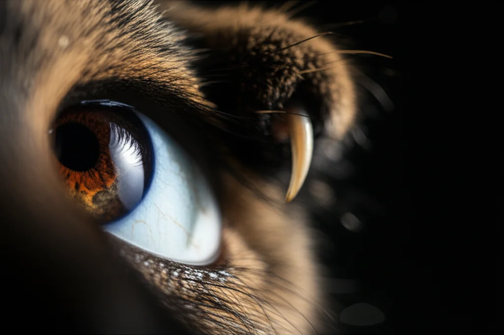 Immagine concettuale di un occhio umano con un artiglio di gatto che si avvicina minacciosamente, a simboleggiare il pericolo di lesioni oculari. Prime lens, 35mm, depth of field, luce drammatica per enfatizzare il rischio.