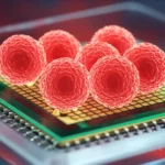 Immagine fotorealistica di un chip microfluidico avanzato in un laboratorio high-tech, con un flusso di sangue stilizzato che lo attraversa, separando cellule tumorali circolanti di melanoma (visibili come sfere luminose leggermente più grandi) dalle cellule del sangue normali. Lente macro 60mm, illuminazione da laboratorio controllata, alto dettaglio sul chip e sulle cellule.