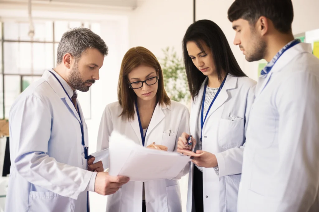 Personale sanitario e amministrativo multietnico che lavora insieme in un ufficio luminoso di un centro di accoglienza per richiedenti asilo, discutendo documenti, espressioni concentrate ma collaborative, obiettivo 35mm, profondità di campo, colori naturali ma leggermente desaturati.