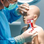 Primo piano di un chirurgo pediatrico che esamina attentamente un modello anatomico 3D del torace di un bambino, evidenziando l'aorta e i bronchi, con una luce chirurgica che illumina la scena. Dettagli nitidi, obiettivo macro 100mm, illuminazione da studio.