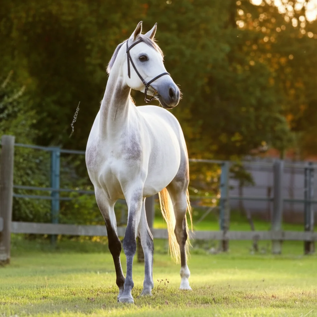 Ritratto di un magnifico Purosangue Arabo grigio in un paddock verde, luce dorata del tardo pomeriggio, obiettivo zoom 70-200mm a 150mm, messa a fuoco nitida sul cavallo con sfondo leggermente sfocato, espressione nobile.